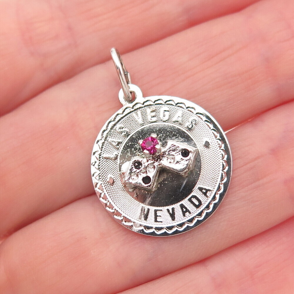 925 Sterling Silver Vintage Pink Rhinestone Las Vegas Lucky Dice Charm Pendant